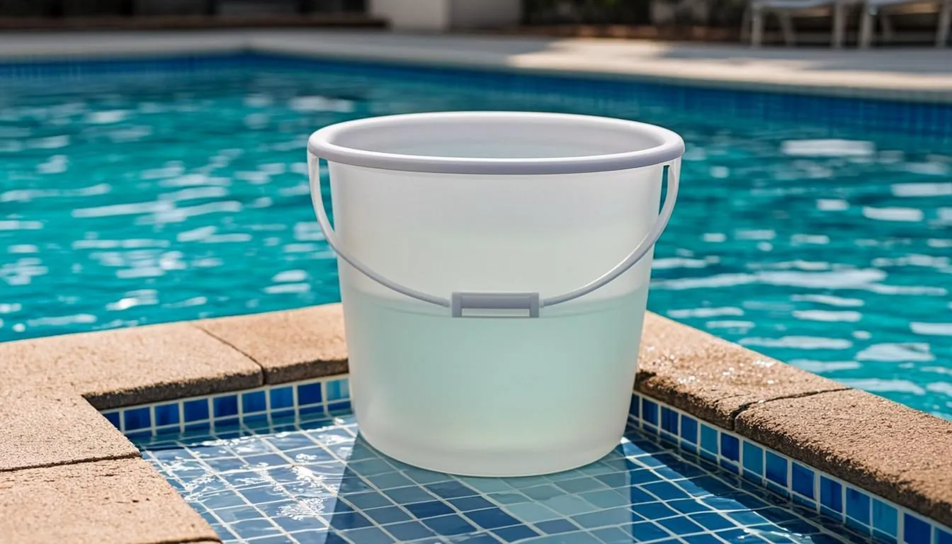Bucket set on a pool step for a pool leak bucket test in Florida