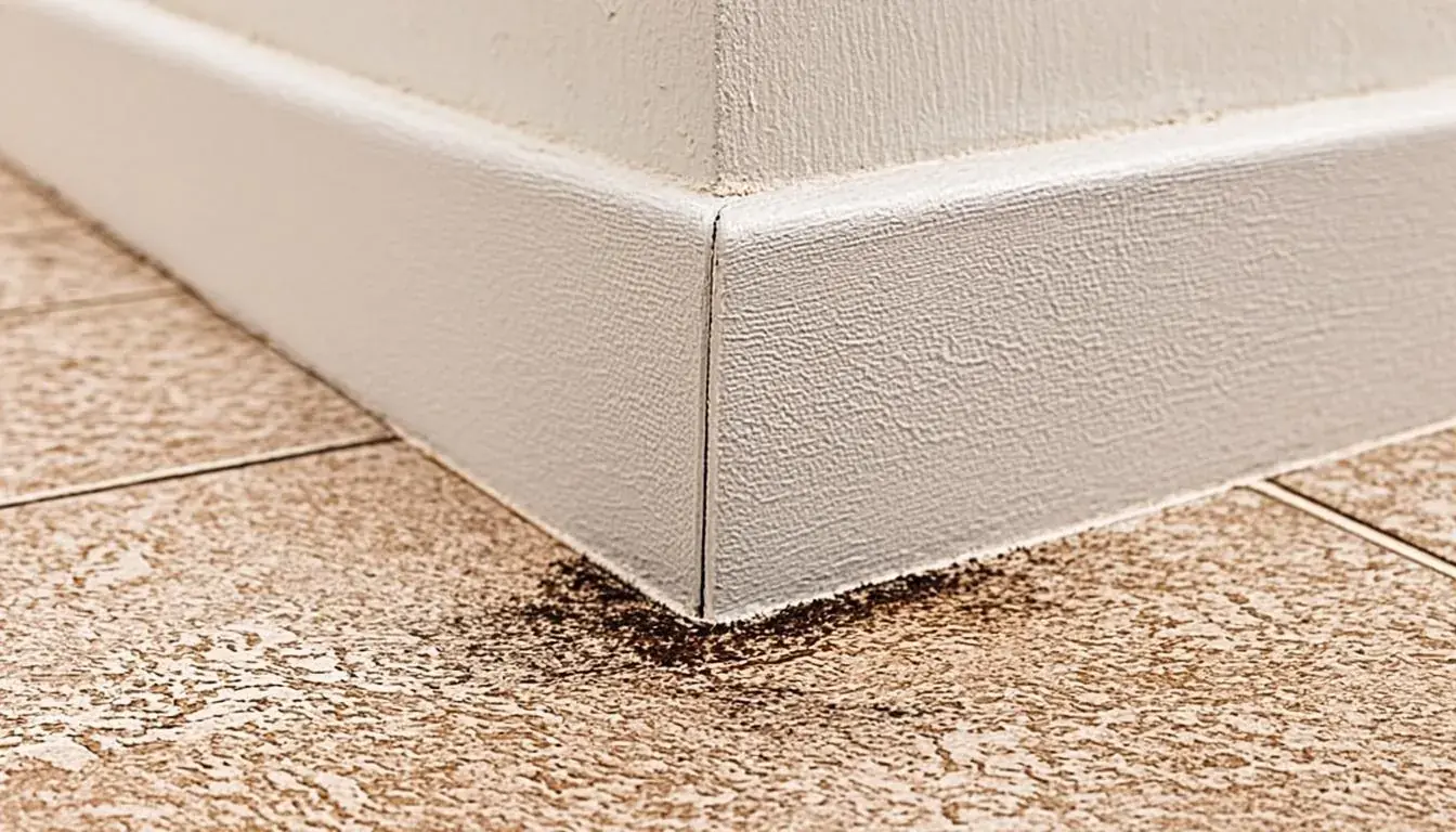Damp baseboard on tile flooring, one of the early signs of a slab leak in a Sarasota home