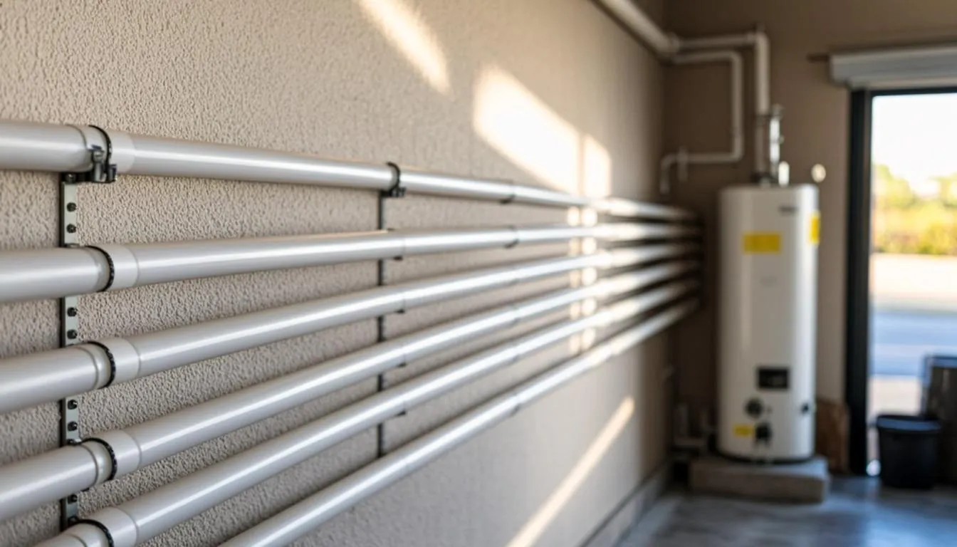 New flexible piping rerouted through wall framing instead of a direct slab repair in a Florida home