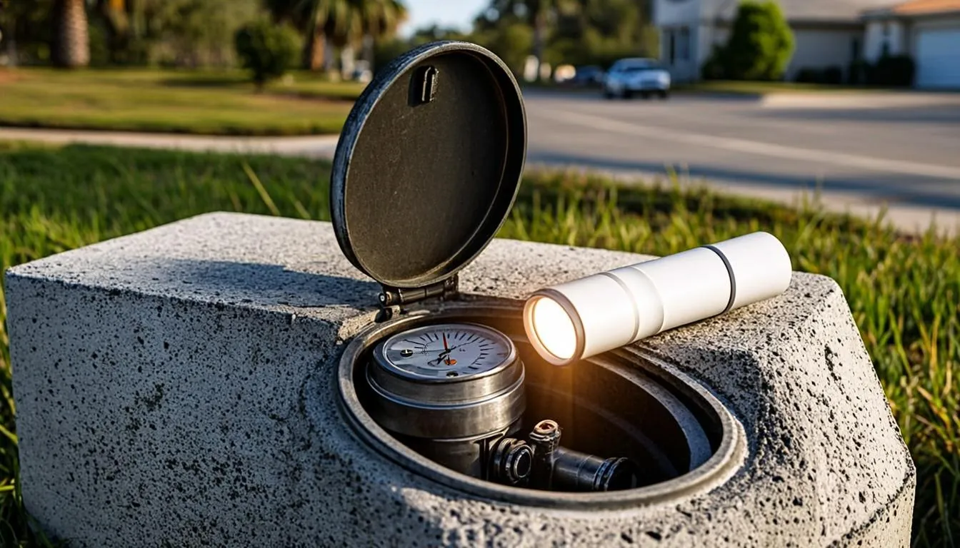 Flashlight illuminating a residential water meter register during a leak test in Sarasota